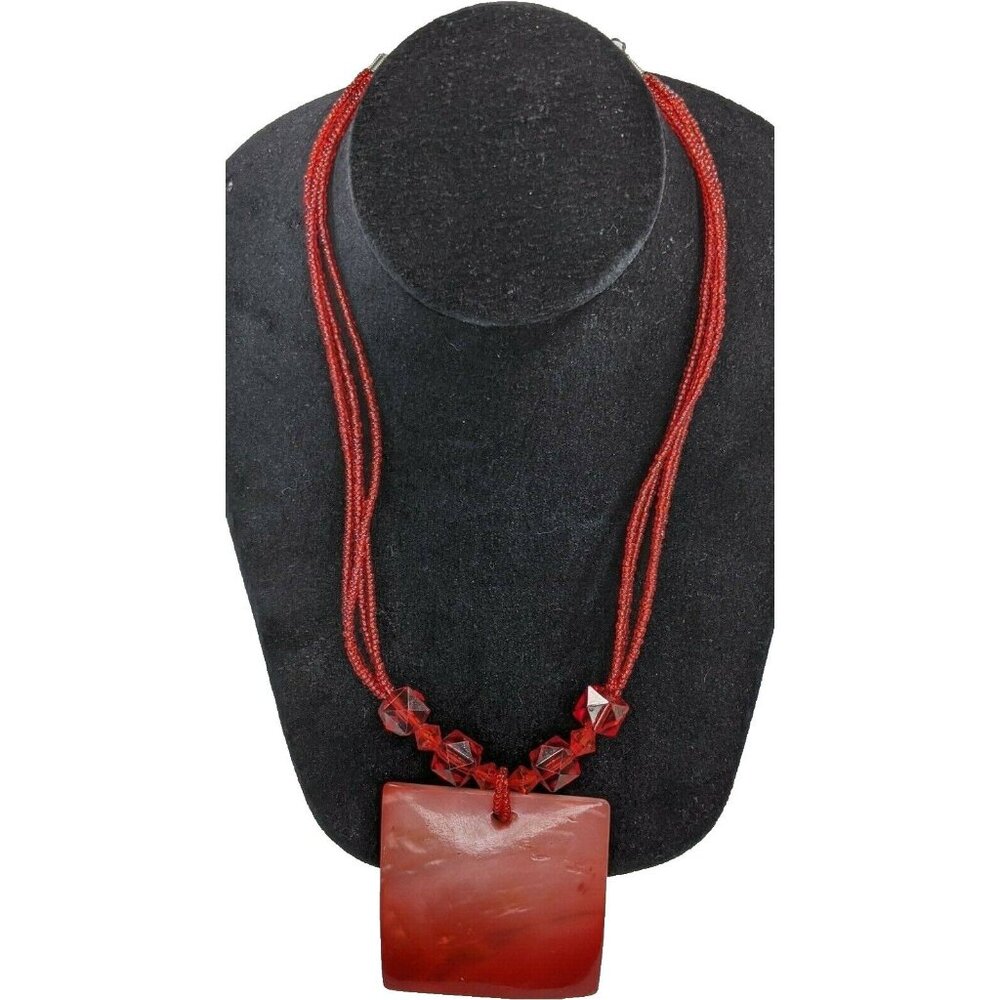Vintage Handcrafted 17 inch Beaded Necklace with 2.5 inch Square Red Pendant